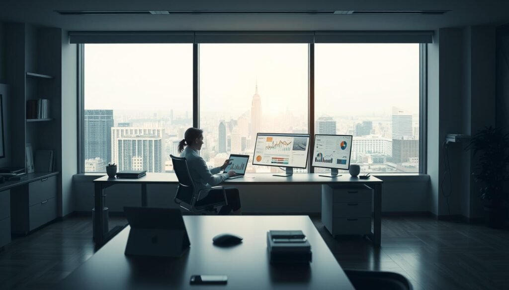 A modern, minimalist office space with a large desk, comfortable office chair, and a variety of technological devices such as a laptop, tablet, and smartphone. In the middle ground, a person sits at the desk, intently studying various charts, graphs, and data visualizations on their screens, deep in research and analysis. In the background, a large window offers a panoramic view of a bustling cityscape, reflecting the dynamic and ever-changing nature of the industry. The lighting is soft and indirect, creating a contemplative, yet productive atmosphere. The overall scene conveys the importance of staying informed about industry trends and the job market when making career decisions.