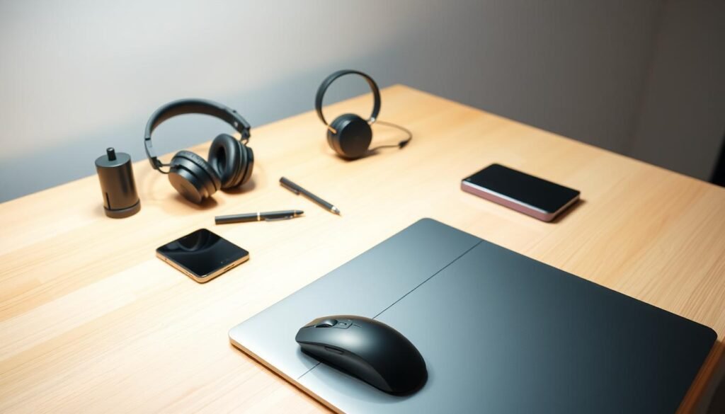 A modern, minimalist workspace with various tech devices and accessories, illuminated by soft, diffused lighting. In the foreground, a laptop, a smartphone, and a stylish computer mouse sit neatly arranged on a sleek, wooden desk. In the middle ground, a pair of headphones, a digital pen, and a compact external hard drive create a harmonious display of tech essentials. The background features a clean, white wall, with a subtle, abstract pattern suggesting the diverse specializations within the tech industry. The overall composition conveys a sense of organization, focus, and the multifaceted nature of technology.
