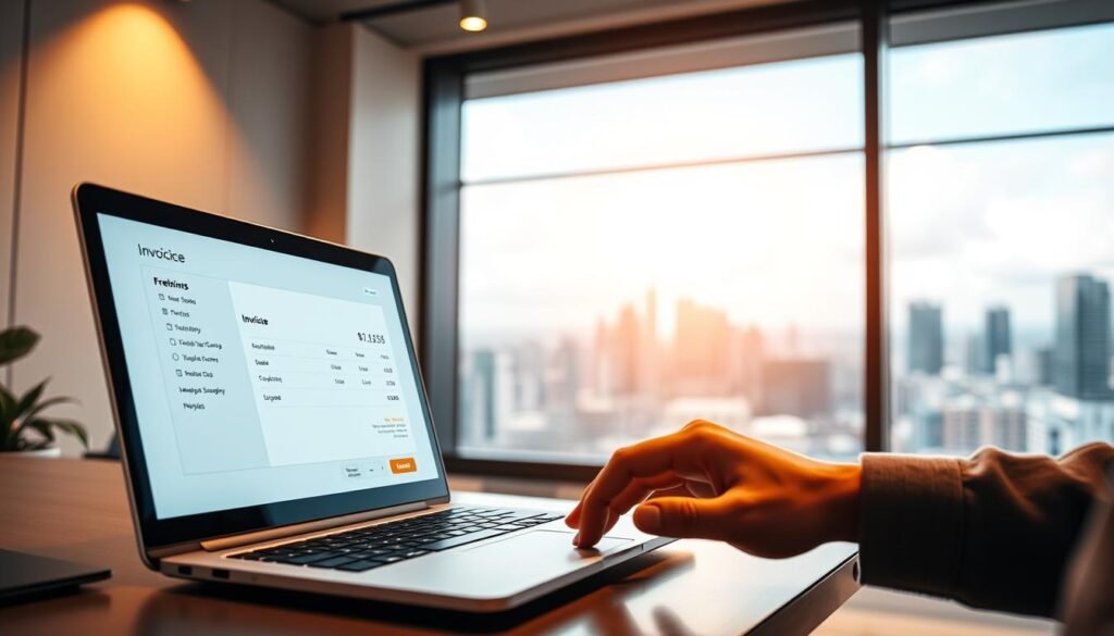 A modern office interior, bathed in warm, diffused lighting. In the foreground, a laptop displays an intuitive digital invoicing interface, with clean lines and a minimalist design. In the middle ground, a freelancer's hand hovers over the touchpad, carefully reviewing the invoice details before hitting the "Submit" button. In the background, a large window offers a panoramic view of a bustling city skyline, symbolizing the global reach and flexibility of the freelancer's work. The overall atmosphere conveys a sense of efficiency, professionalism, and the importance of proper financial management for a successful freelance career.