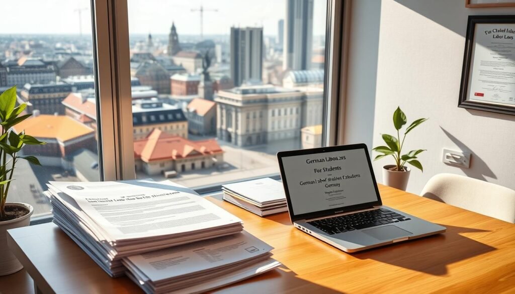 A modern office setting with a large window overlooking a bustling German cityscape. On the desk, stacks of documents and a laptop display information about German labor laws for students. Warm, natural lighting filters in, casting a professional yet inviting atmosphere. A potted plant and a framed diploma on the wall add personal touches. The scene conveys a sense of diligence, study, and attention to detail as the student navigates the regulations surrounding work during their studies in Germany.