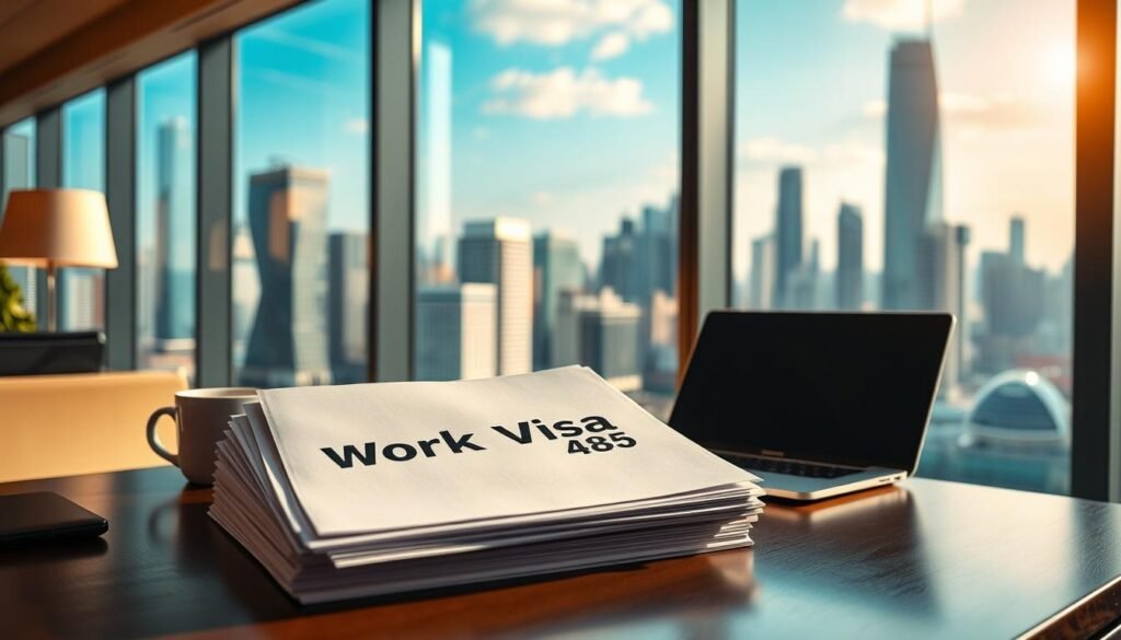 A modern office workspace with a large window overlooking a vibrant city skyline. On the desk, a stack of documents labeled "Work Visa 485" sits next to a laptop and a cup of coffee. The lighting is warm and natural, casting a soft glow across the scene. The overall atmosphere is one of productivity, focus, and the excitement of a new career opportunity after completing studies in Australia. The image should convey the essence of the "Work Visa 485" experience for recent graduates, with a professional and aspirational tone.