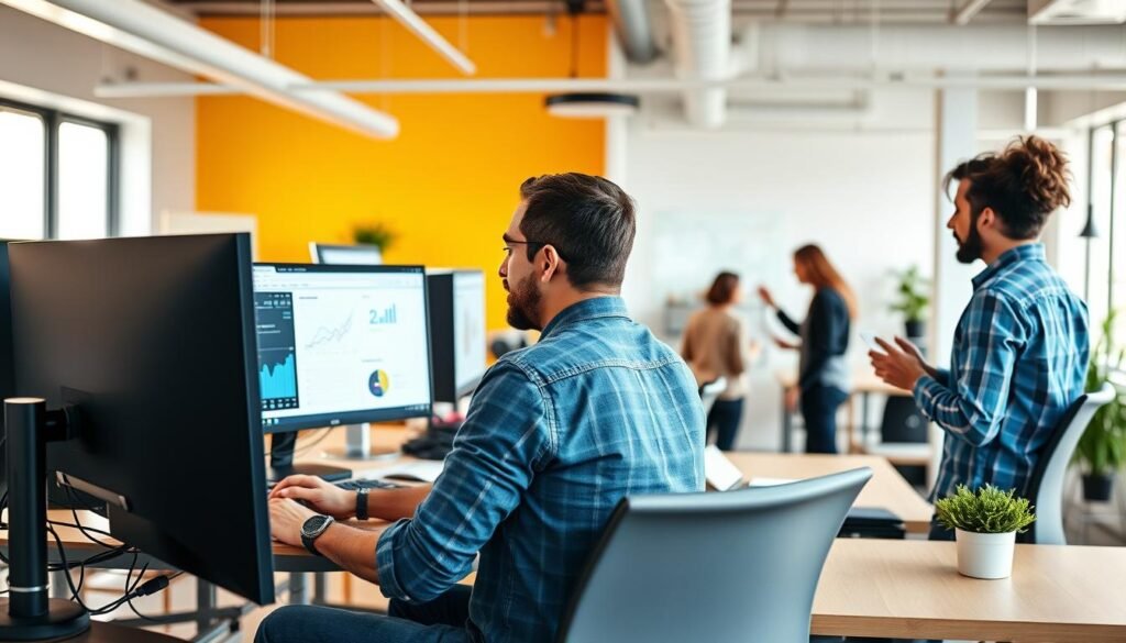 A modern open-office setting, with a group of digital marketers working diligently at their desks. In the foreground, a marketer is intently studying analytics on their computer screen, while another is brainstorming ideas on a digital whiteboard. In the middle ground, team members are collaborating over a project, sharing insights and exchanging ideas. The background features a vibrant, well-lit space with minimalist decor, conveying a sense of creativity and productivity. The scene is bathed in a warm, natural light, highlighting the focused expressions and dynamic interactions of the digital marketing team as they navigate their daily tasks.