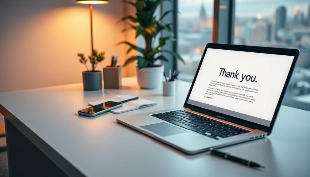 A modern, well-designed office setting with a laptop, smartphone, and stationery on a minimalist desk. Soft, warm lighting creates a professional yet inviting atmosphere. In the foreground, an open laptop screen displays a draft thank-you email, the text crisp and legible. The middle ground features a potted plant, a desk organizer, and a pen poised for note-taking. The background depicts a large window overlooking a cityscape, the skyline visible in the distance. The overall composition conveys a sense of productivity, attention to detail, and a thoughtful, deliberate approach to crafting an effective follow-up email.