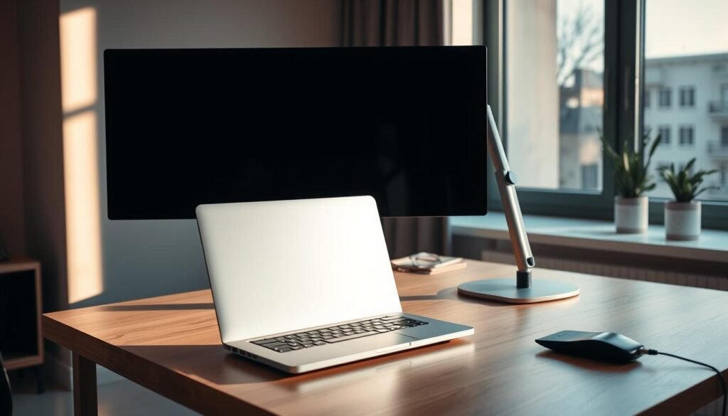 A modern, well-lit office workspace featuring a sleek silver laptop positioned at an angle on a minimalist wooden desk, accompanied by a high-resolution widescreen monitor mounted on an adjustable stand. Indirect lighting from a large window casts a warm, natural glow across the scene, creating a productive and inviting atmosphere. The setup is clean, organized, and optimized for both work and productivity, exemplifying the essential tools needed for an efficient work-from-home environment.