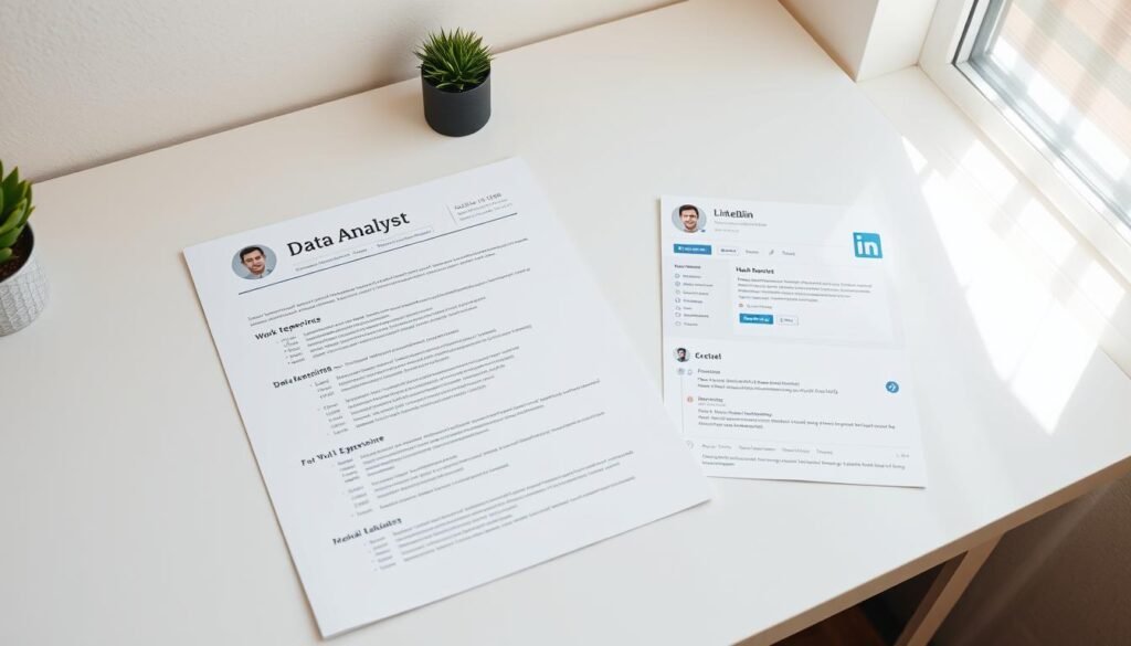 A neatly organized data analyst resume and a professional LinkedIn profile, displayed side-by-side on a clean, minimalist desk. The resume features clear sections highlighting the individual's skills, work experience, and education, while the LinkedIn profile showcases their digital presence, with a polished profile image and well-curated content. The scene is illuminated by natural daylight streaming in through a window, casting a soft, warm glow on the documents. The overall mood is one of focus, professionalism, and a sense of progress towards a career transition.
