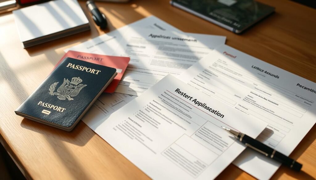 A neatly organized desk with essential documents for a study abroad application in Germany: a passport, visa documents, academic transcripts, letters of recommendation, and a completed application form. Warm, natural lighting illuminates the scene, casting soft shadows. The documents are arranged in a visually appealing way, suggesting attention to detail and organization. The background is blurred, keeping the focus on the important paperwork. The overall atmosphere conveys a sense of preparedness and professionalism, reflecting the diligence required for a successful study abroad journey.