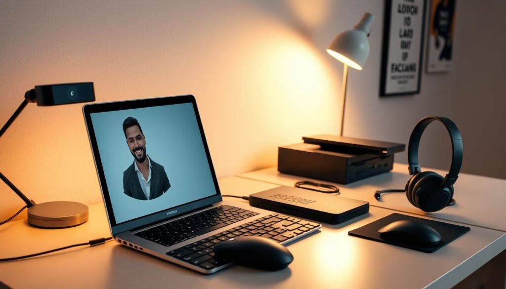 A neatly organized desk with essential remote work tools: a sleek laptop, a high-quality webcam capturing a professional headshot, a wireless mouse and keyboard, a document scanner, and a pair of noise-cancelling headphones. The desk is illuminated by a soft, warm lamp, creating a cozy, productive atmosphere. The background features a minimalist, distraction-free wall with a few motivational quotes or inspirational artwork. The overall scene conveys a sense of efficiency, focus, and a well-curated remote work setup.