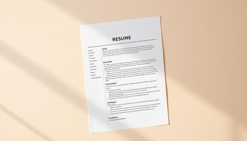 A neatly organized résumé with a minimalist design, set against a soft, neutral background. The document is positioned centrally, with subtle highlights to draw attention to key sections like the job seeker's name, education, and work experience. The layout is clean and balanced, exuding a sense of professionalism and attention to detail. Warm lighting from the side casts gentle shadows, creating depth and a sense of depth. The overall mood is one of confidence, clarity, and a readiness to present oneself as an ideal candidate.