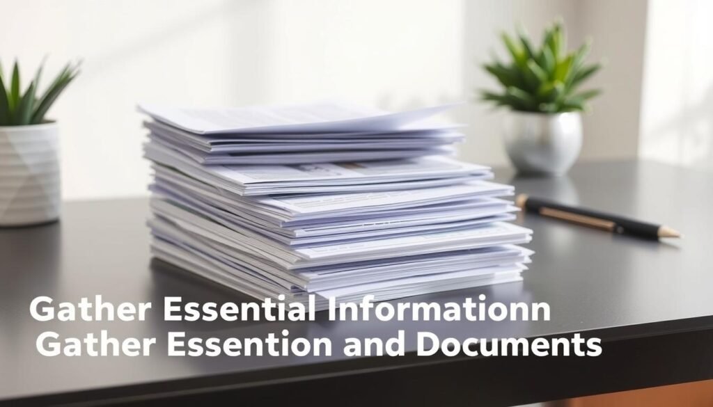 A neatly organized stack of essential financial aid documents, including scholarship application forms, tax returns, bank statements, and letters of recommendation, resting on a sleek, minimalist desk. The lighting is soft and diffused, creating a sense of professionalism and attention to detail. The documents are crisply laid out, hinting at the diligence and care required for a successful scholarship application. The overall composition conveys a mood of academic focus and financial responsibility, setting the stage for the "Gather Essential Information and Documents" section of the article.