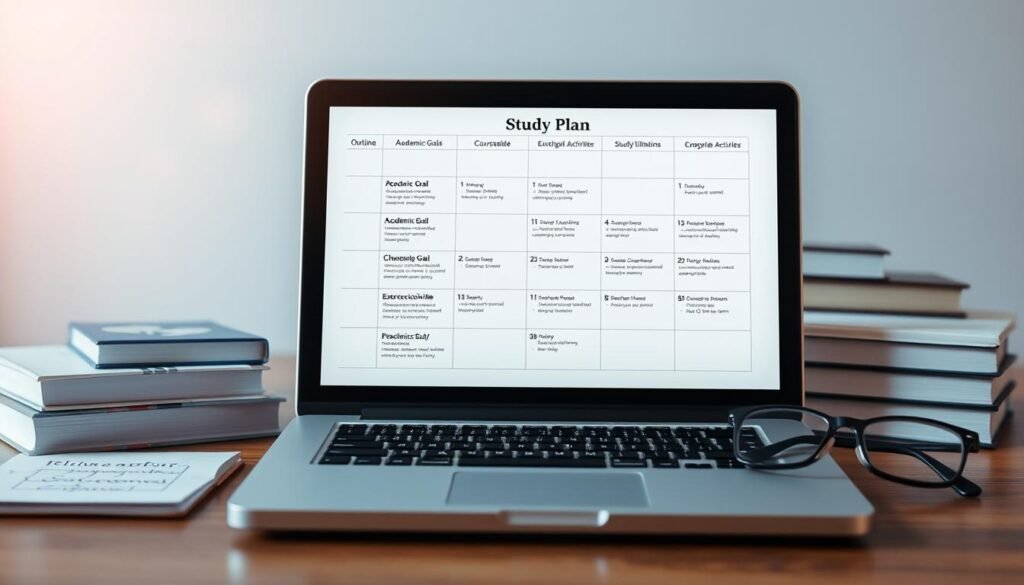 A neatly organized study plan with a clean, minimalist aesthetic. In the foreground, a laptop with an open document displaying a structured outline - sections for academic goals, coursework, extracurricular activities, and timeline. Beside it, a stack of books and a pair of glasses, conveying a scholarly atmosphere. The middle ground features a large calendar with important deadlines and study milestones highlighted. The background has a soft, blurred gradient in shades of blue, evoking a sense of focus and productivity. Warm, diffused lighting casts a productive glow over the scene, emphasizing the intentionality of the study plan.