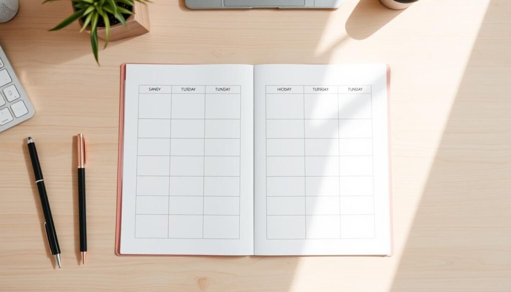 A neatly organized weekly time-blocking planner laid out on a clean, minimalist desk. The planner has a simple grid layout with hourly time slots, bordered in a soft, muted color palette. The desk surface is a light, natural wood, with a few well-placed office supplies like a pen holder and a plant. Bright, diffused natural lighting casts a warm glow across the scene, creating a calm, focused atmosphere. The overall composition emphasizes the utility and functionality of the time-blocking planner, inviting the viewer to imagine using it to organize their own weekly schedule.