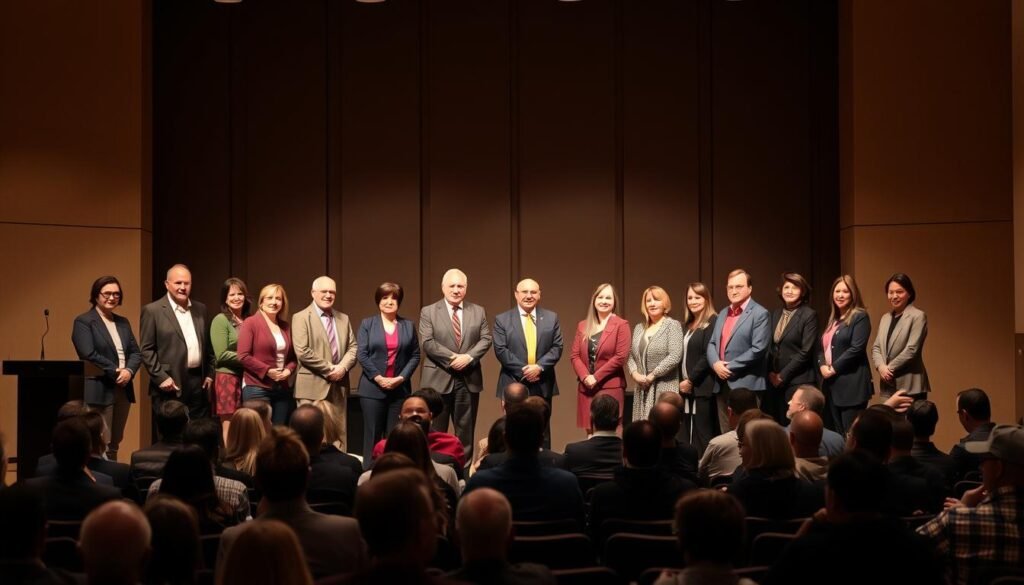 A panel of distinguished faculty and guest speakers gathered on a stage, bathed in warm, soft lighting that casts a subtle glow. In the foreground, a diverse group of individuals stand with confident poses, their faces and expressions clearly visible. The middle ground features a tiered seating arrangement, where an attentive audience leans forward, captivated by the presentations unfolding. In the background, a minimalist backdrop with clean lines and muted tones provides a sleek, professional setting, complementing the overall atmosphere of intellectual discourse and exchange of ideas.