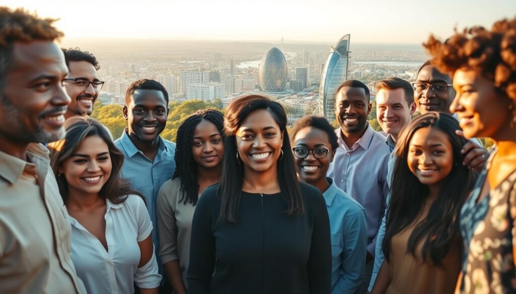 A panoramic landscape showcasing the purpose of the Atlantic Fellows for Social and Economic Equity. In the foreground, a diverse group of people standing together, their expressions conveying determination and unity. In the middle ground, a series of interconnected structures representing different sectors - education, healthcare, finance, and government. The background features a picturesque cityscape, symbolizing the global impact of the Fellows' work. The scene is bathed in warm, golden light, evoking a sense of hope and progress. The composition is dynamic, with clean lines and a harmonious balance, conveying the organization's mission of creating a more equitable world.