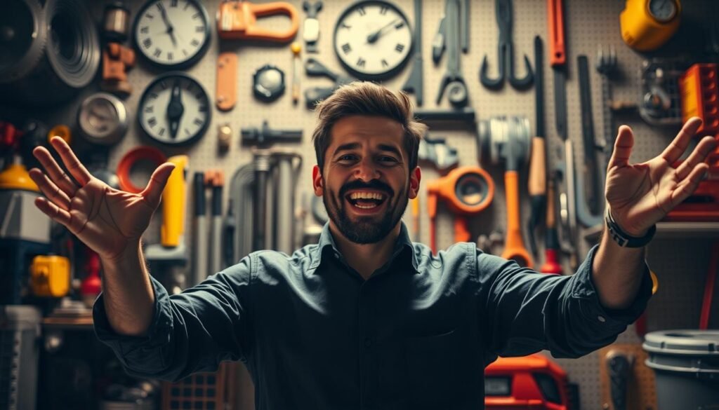 A passionate professional, hands raised in enthusiasm, stands before a backdrop of industry-relevant iconography and tools. Dramatic lighting casts shadows, conveying a sense of focus and intensity. The subject's expression radiates dedication, their body language suggesting a deep engagement with their craft. The scene is captured with a cinematic, wide-angle lens, emphasizing the subject's commitment and the industry's vibrancy. An atmosphere of inspiration and drive permeates the image, capturing the essence of a true industry enthusiast.