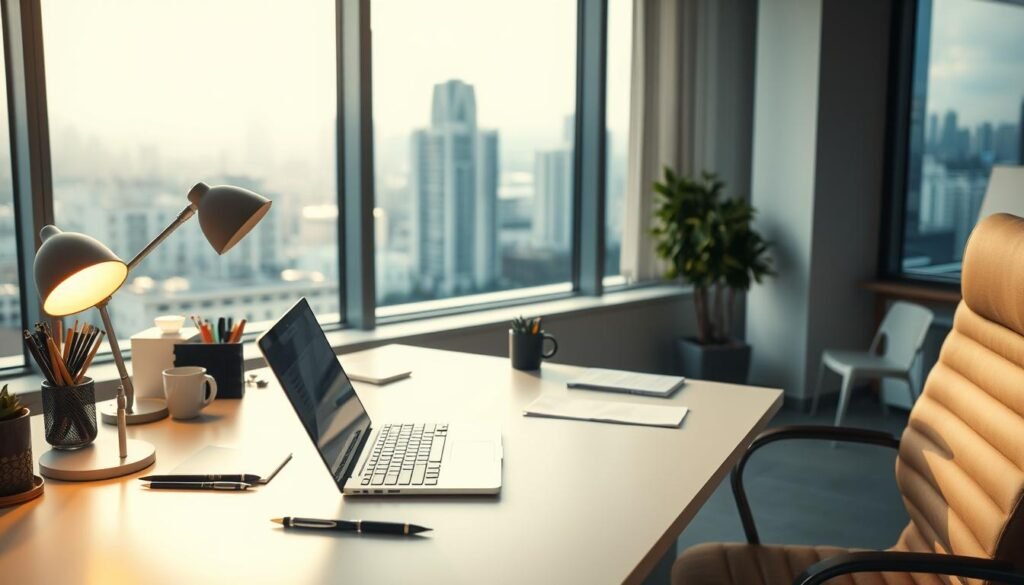 A peaceful and serene workspace, with a clean desk, a laptop, and various office supplies neatly arranged. Soft, warm lighting illuminates the scene, creating a sense of focus and productivity. In the background, a large window overlooks a cityscape, hinting at the broader context of the image. The overall atmosphere conveys a professional, yet inviting environment, suitable for an individual seeking practical training without relying on personal connections.