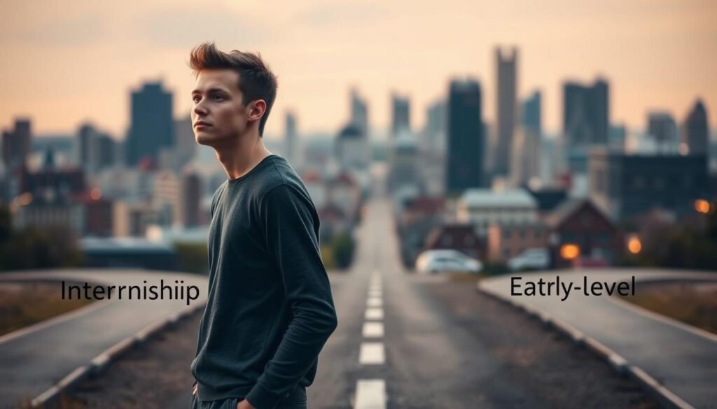 A pensive young adult stands at a crossroads, contemplating their career path. Soft, warm lighting illuminates their face, casting a thoughtful glow. In the background, a blurred cityscape symbolizes the many opportunities available. In the foreground, two distinct paths diverge - one leading to an internship, the other to an entry-level job. The figure's posture conveys careful consideration, as they weigh the pros and cons of each option, seeking to make the right choice for their future. The scene evokes a sense of introspection and the importance of this pivotal decision.