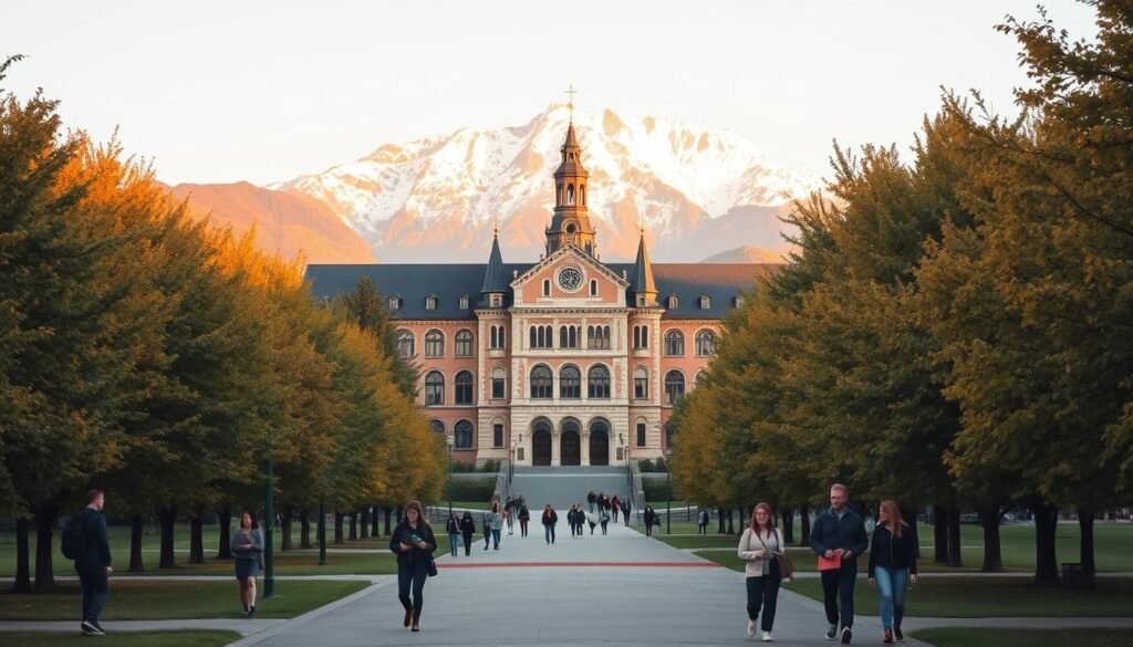 A picturesque landscape of a university campus in Germany, with a grand, neo-gothic style building standing tall in the foreground. Students stroll through the lush, tree-lined pathways, carrying books and chatting animatedly. In the background, a towering mountain range rises majestically, its snow-capped peaks glowing in the warm, golden sunlight. The scene is bathed in a soft, diffused light, creating a sense of tranquility and intellectual stimulation. The composition is balanced, with the main building framed by the natural surroundings, inviting the viewer to explore the opportunities for learning and discovery that await within.
