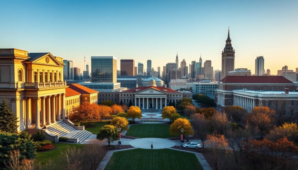 A prestigious private university campus set against a vibrant, modern cityscape. The foreground features grand, neo-classical architecture with ornate facades and towering pillars, surrounded by manicured lawns and lush landscaping. The middle ground showcases contemporary academic buildings with clean lines and abundant glass, blending seamlessly with the historical structures. In the background, the skyline is dotted with gleaming high-rises, hinting at the dynamic, cosmopolitan nature of the city. Warm, golden sunlight bathes the scene, creating a sense of prestige and opportunity. The overall atmosphere conveys a blend of tradition and innovation, reflecting the caliber of education offered within these prestigious halls.
