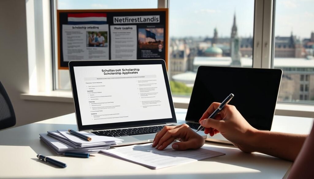 A pristine office desk illuminated by natural light, featuring a laptop, pen, and a stack of documents. In the foreground, a person's hands carefully filling out an online scholarship application form. Behind them, a bulletin board displays information about scholarship deadlines, requirements, and guidelines. The background showcases a panoramic view of the Netherlands' iconic architecture, hinting at the destination for these academic opportunities. The scene conveys a sense of focus, diligence, and the promise of educational advancement.