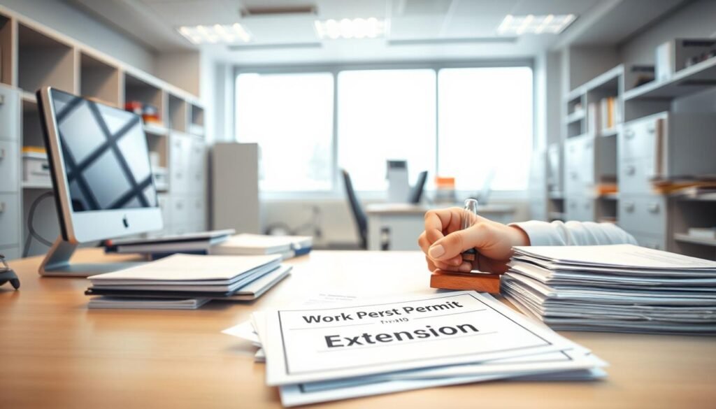 A pristine office workspace with a desk, computer, and stacks of paperwork. In the foreground, a person sits at the desk, carefully reviewing documents and stamping a form labeled "Work Permit Extension". In the middle ground, filing cabinets and shelves line the walls, conveying a sense of organized bureaucracy. The background is illuminated by soft, natural lighting filtering through large windows, creating a calm and professional atmosphere. The overall scene suggests the methodical, yet important process of extending a work permit in an efficient, administrative setting. A pristine office workspace with a desk, computer, and stacks of paperwork. In the foreground, a person sits at the desk, carefully reviewing documents and stamping a form labeled "Work Permit Extension". In the middle ground, filing cabinets and shelves line the walls, conveying a sense of organized bureaucracy. The background is illuminated by soft, natural lighting filtering through large windows, creating a calm and professional atmosphere. The overall scene suggests the methodical, yet important process of extending a work permit in an efficient, administrative setting.