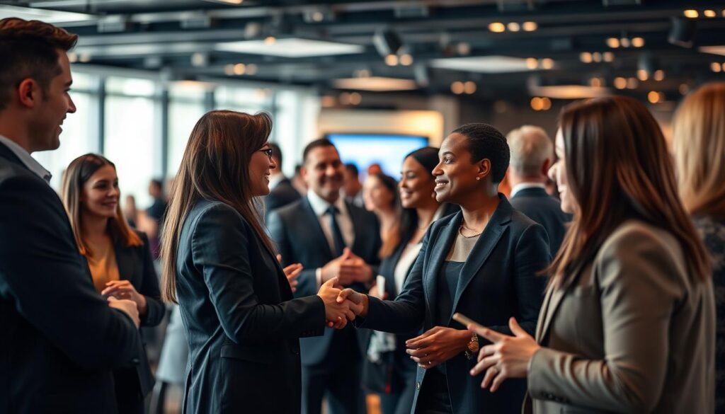 A professional business networking environment with a diverse group of well-dressed individuals engaged in dynamic discussions and handshakes. The scene is bathed in warm, inviting lighting with a blurred background suggesting a high-end conference room or corporate event space. The subjects' body language and expressions convey a sense of collaboration, connection, and the value of building strong professional relationships. The image should feel aspirational, conveying the importance of cultivating a robust professional network. A professional business networking environment with a diverse group of well-dressed individuals engaged in dynamic discussions and handshakes. The scene is bathed in warm, inviting lighting with a blurred background suggesting a high-end conference room or corporate event space. The subjects' body language and expressions convey a sense of collaboration, connection, and the value of building strong professional relationships. The image should feel aspirational, conveying the importance of cultivating a robust professional network.