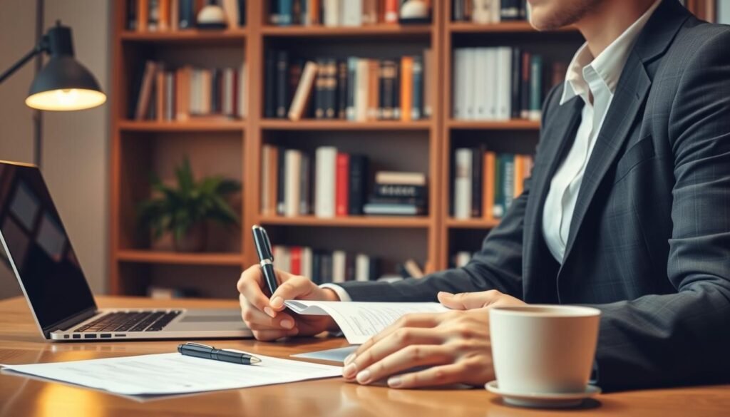 A professional business person sits at a desk, preparing for a job interview. The scene is well-lit, with a warm, inviting atmosphere. The foreground shows the person's hands on the desk, holding documents and taking notes. The middle ground features a laptop, pen, and a cup of coffee, suggesting a focused and organized workspace. The background showcases a bookshelf filled with career-related books, conveying the individual's commitment to their professional development. The overall mood is one of diligence and confidence, as the person thoughtfully prepares to present their qualifications and experiences during the upcoming interview.