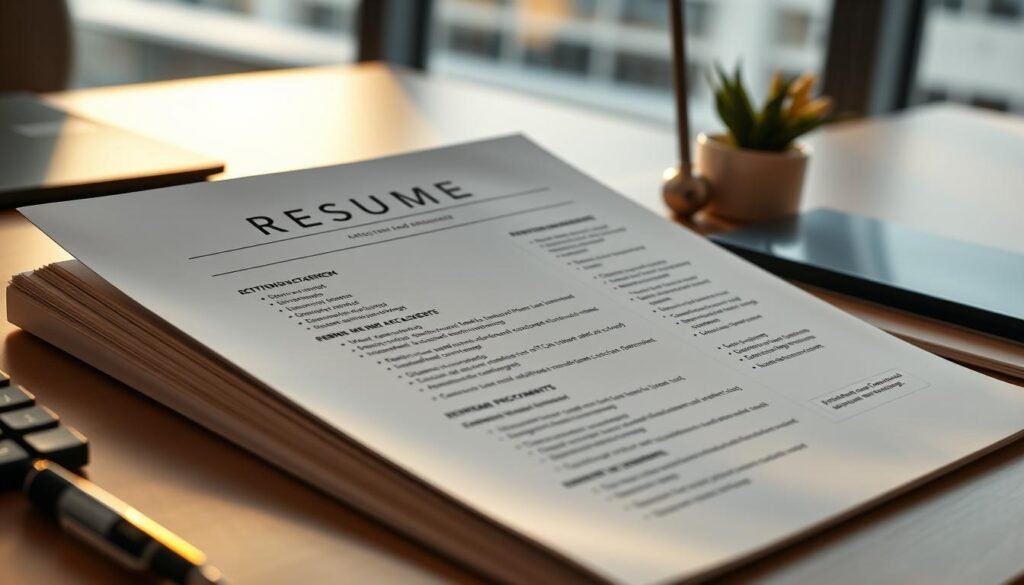 A professional, clean, and elegant resume format displayed on a modern desktop setup. The page layout features clear section headings, concise bullet points, and a balance of white space. The scene is lit by a soft, natural light from a large window, casting warm highlights on the crisp paper. The camera angle captures the resume from a slight side view, emphasizing the structure and organization of the content. The overall mood is one of efficiency, attention to detail, and a sense of career-focused purposefulness. A professional, clean, and elegant resume format displayed on a modern desktop setup. The page layout features clear section headings, concise bullet points, and a balance of white space. The scene is lit by a soft, natural light from a large window, casting warm highlights on the crisp paper. The camera angle captures the resume from a slight side view, emphasizing the structure and organization of the content. The overall mood is one of efficiency, attention to detail, and a sense of career-focused purposefulness.