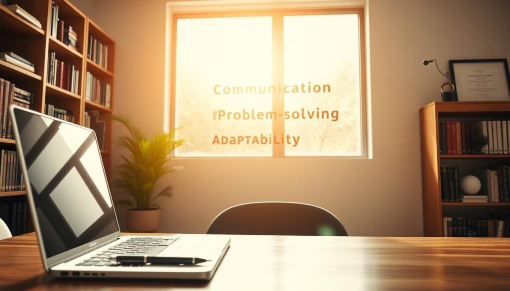 A professional consultant's workspace, bathed in warm, natural lighting from a large window. In the foreground, a laptop, notepad, and pen stand ready for taking detailed client notes. The middle ground features a trio of essential skills emblazoned on the wall: "Communication", "Problem-Solving", and "Adaptability". In the background, bookcases filled with industry-relevant tomes and a framed diploma symbolize the consultant's expertise. The overall atmosphere exudes a sense of focus, productivity, and confidence - the hallmarks of a seasoned freelance consultant.