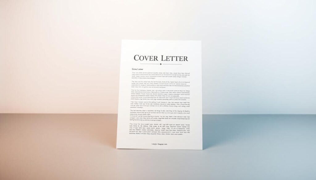 A professional cover letter format with a clean, minimalist design. The background features a soft, blurred gradient in neutral tones, creating a sense of sophistication. In the center, a well-crafted cover letter template is displayed, showcasing elegant typography, ample white space, and a refined layout. The document appears to be positioned at a slight angle, adding depth and visual interest. The overall composition conveys an atmosphere of professionalism, attention to detail, and a strong emphasis on effective communication.