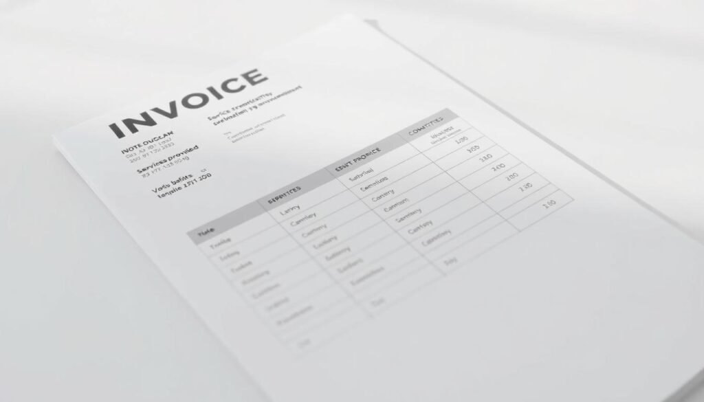 A professional invoice template for freelancers, featuring a clean and minimalist design. The foreground showcases the header with the company logo, invoice number, and client details. The middle ground displays a neatly organized table of services provided, quantities, and corresponding rates. The background has a subtle grid pattern, adding a sense of structure and organization. The overall layout is balanced, with ample whitespace to ensure readability. The lighting is soft and natural, creating a professional and trustworthy atmosphere. The camera angle captures the document at a slight angle, giving it a dynamic and engaging perspective.