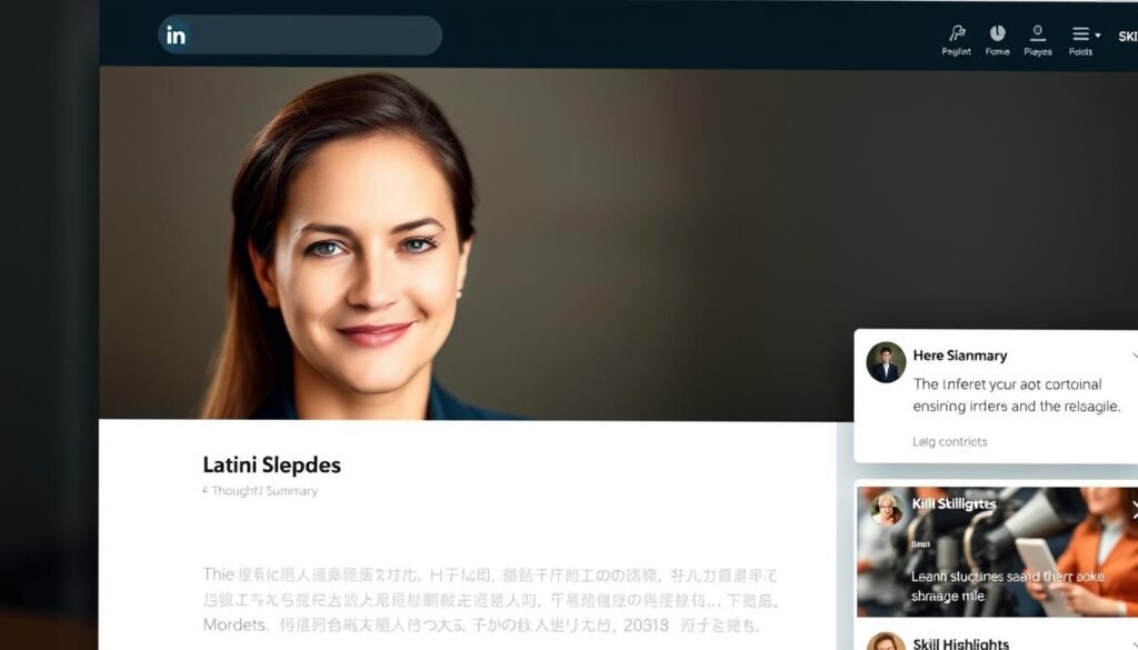 A professional-looking LinkedIn profile with a thoughtful headshot, compelling summary, and skill highlights. The profile is clean and visually appealing, with a polished header image that conveys a sense of polish and professionalism. The layout is well-structured, making key information easy to find. The overall impression is that of a curated, high-quality online presence that would catch the eye of potential employers or business connections. Lighting is soft and flattering, with a subtle depth of field. The color palette is muted and sophisticated.