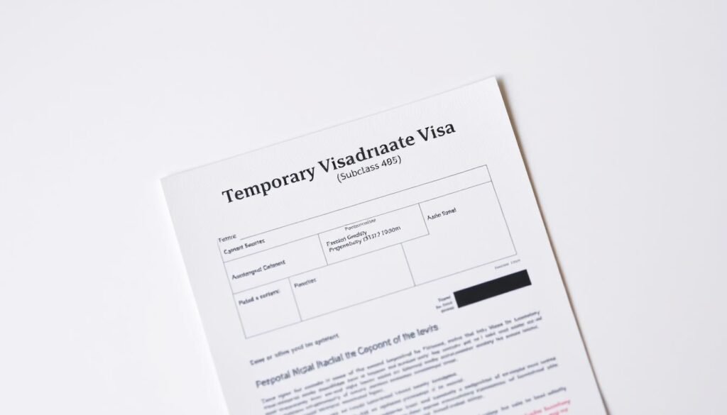 A professional-looking document with a prominent title "Temporary Graduate Visa (Subclass 485)" against a clean, minimalist background. The document has a formal appearance, with official government seals, logos, and formatting. Soft, directional lighting illuminates the document, creating depth and a sense of importance. The composition emphasizes the visa document as the central focus, with a slight angle to add visual interest. The overall mood is one of seriousness and authority, conveying the significance of this particular visa for post-study work in Australia.