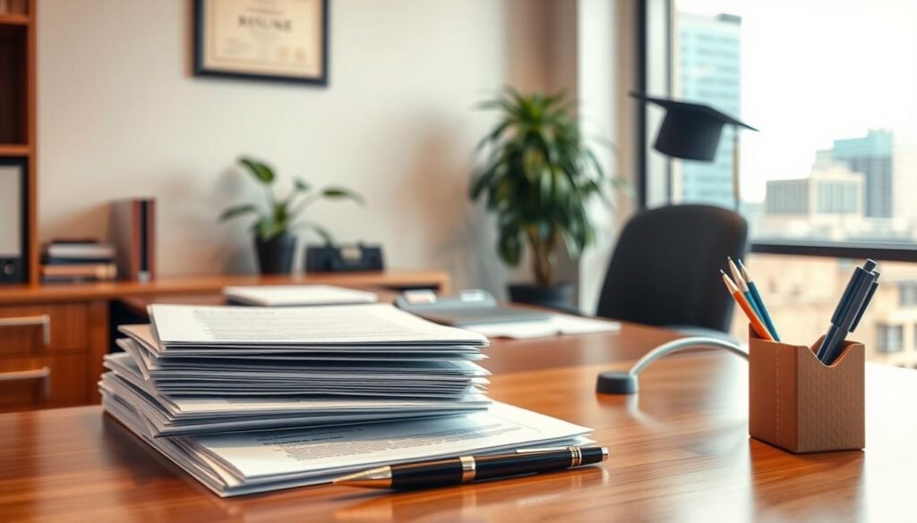 A professional-looking office interior, with a desk, chair, and various office supplies. The scene is well-lit, with a warm, inviting atmosphere. In the foreground, a stack of resume folders and a pen rest on the desk, hinting at an upcoming job interview. The middle ground features a potted plant and a framed diploma on the wall, suggesting the scene is set for a recent graduate. The background includes a window overlooking a cityscape, conveying a sense of opportunity and the start of a new chapter. The overall composition and styling evoke a sense of anticipation and optimism for a young professional's first job interview.
