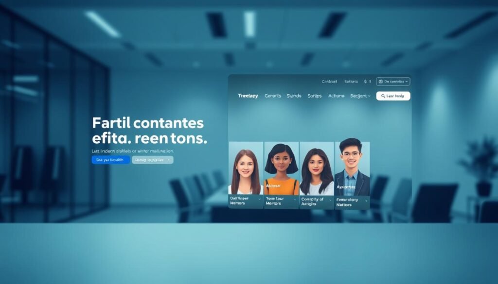 A professional, minimalist platform designed for student career networking. In the foreground, a modern, sleek user interface featuring clean typography, intuitive navigation, and a simple color palette of blues and grays. In the middle ground, avatars of diverse students building their profiles, connecting with mentors, and exploring job opportunities. The background subtly suggests an office setting, with geometric shapes and subtle textures evoking a sense of professionalism and productivity. The overall mood is one of focus, aspiration, and a smooth, seamless digital experience tailored for the student user.