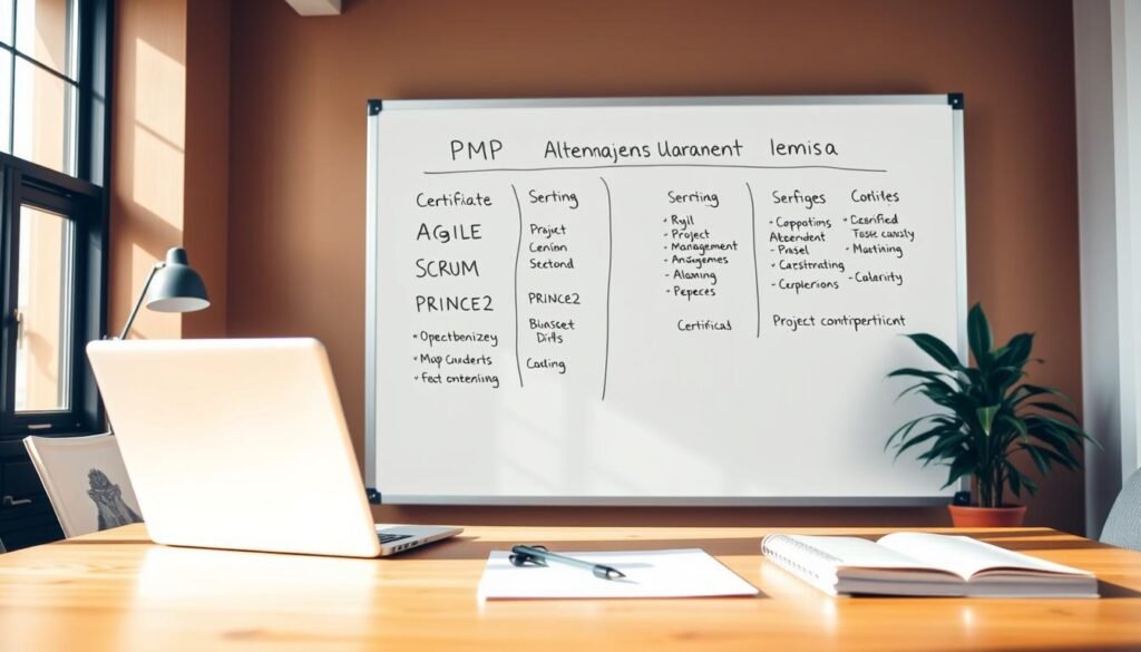 A professional, modern office space with a large whiteboard taking up the entire middle ground. On the whiteboard, a variety of project management certifications are displayed, including PMP alternatives like Agile, Scrum, and PRINCE2. The foreground features a laptop, pen, and notebook, suggesting someone actively researching and planning their career pivot to project management. The background has a warm, natural lighting, creating a productive and focused atmosphere. The overall scene conveys the idea of exploring alternative paths to a successful project management career without the PMP credential.