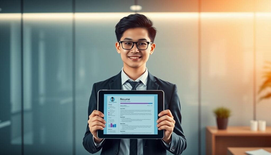 A professional, visually striking illustration of the importance of a resume for recent graduates. A young person, smartly dressed, stands confidently against a sleek, modern backdrop, holding a tablet that displays an exemplary resume layout. The lighting is warm and inviting, conveying a sense of opportunity and empowerment. The composition is balanced, with the subject taking center stage, surrounded by subtly blurred elements that suggest a professional office environment. The overall mood is one of optimism, professionalism, and the promise of a successful transition from academia to the workforce.