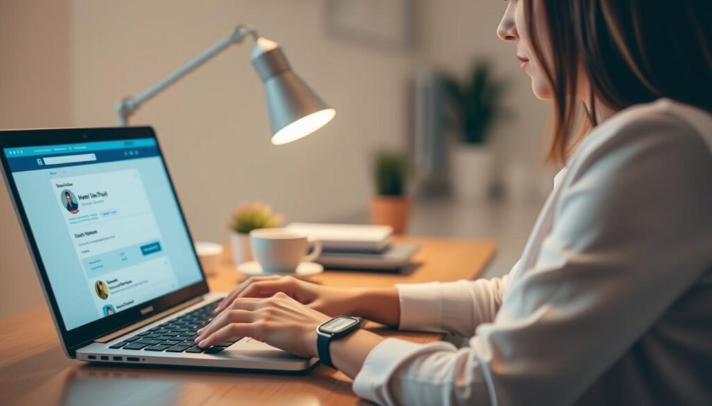 A professional woman sitting at a desk, intently focused on optimizing her LinkedIn profile. The foreground features her hands typing on a laptop, the screen displaying a LinkedIn profile page. The middle ground shows a neatly organized workspace, with a modern desk lamp, a cup of coffee, and a few potted plants. The background has a blurred, minimalist office setting, with clean lines and neutral tones, conveying a sense of productivity and career-mindedness. Warm, directional lighting creates depth and highlights the profile details. The overall atmosphere is one of intentional self-presentation and personal branding.