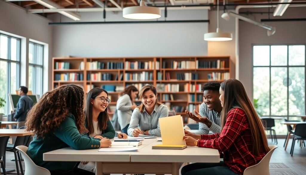 A serene academic setting with students engaged in various activities that showcase the benefits of a scholarship program. In the foreground, a diverse group of learners collaborating at a modern study table, their faces expressing joy and intellectual curiosity. In the middle ground, students participating in a lively discussion, gesturing animatedly. The background features a well-equipped library with floor-to-ceiling bookshelves, bathed in warm, natural lighting from large windows. An atmosphere of intellectual growth, personal development, and the transformative power of education permeates the scene.