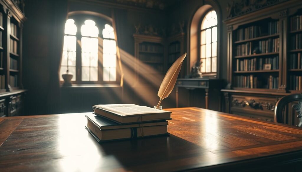 A serene, dimly lit study with an ornate wooden desk and bookshelves lining the walls. A beam of warm, golden light streams through a window, casting a soft glow on the polished surface of the desk. On the desk, a stack of books and a quill pen resting in an inkwell, symbolizing the duration and support period of an academic scholarship. The atmosphere is one of quiet contemplation and scholarly pursuit, evoking a sense of intellectual growth and opportunity.