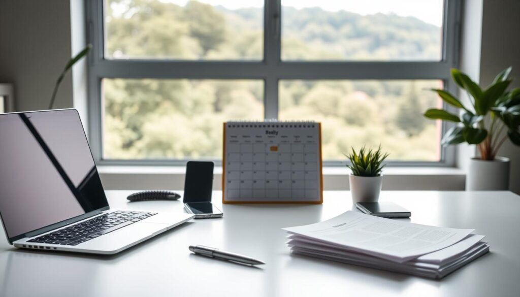 A serene home office setting with a clean, minimalist desk setup. In the foreground, a laptop, a pen, and a neat stack of papers, symbolizing the tools for effective networking. In the middle ground, a neatly organized calendar, a sleek mobile phone, and a small potted plant, representing the organized, goal-oriented approach to building professional connections. The background features a large window overlooking a lush, verdant landscape, creating a sense of tranquility and inspiration. The overall mood is one of focus, productivity, and clarity of purpose, capturing the essence of "Networking Goals" for a career changer. A serene home office setting with a clean, minimalist desk setup. In the foreground, a laptop, a pen, and a neat stack of papers, symbolizing the tools for effective networking. In the middle ground, a neatly organized calendar, a sleek mobile phone, and a small potted plant, representing the organized, goal-oriented approach to building professional connections. The background features a large window overlooking a lush, verdant landscape, creating a sense of tranquility and inspiration. The overall mood is one of focus, productivity, and clarity of purpose, capturing the essence of "Networking Goals" for a career changer.