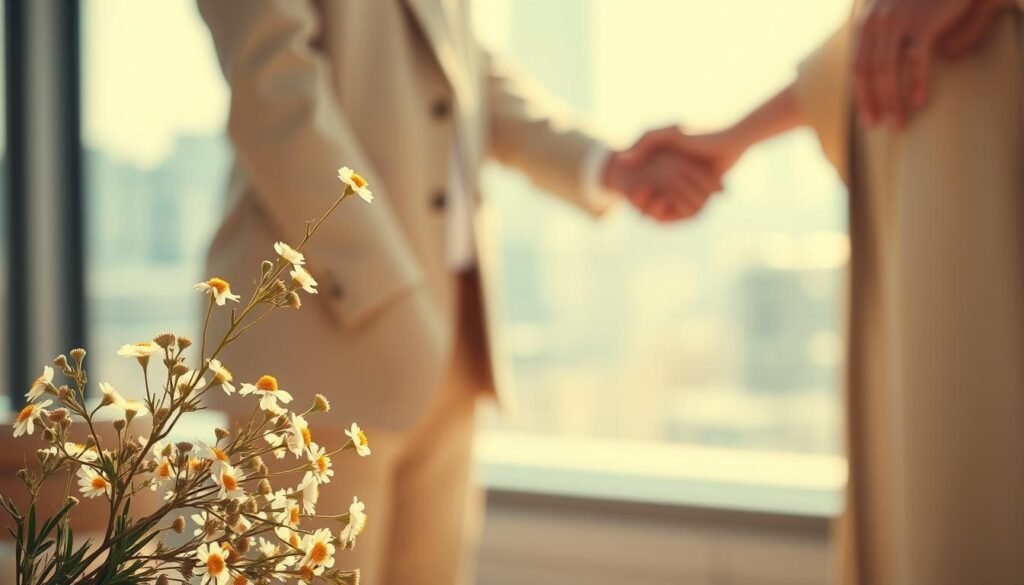 A serene, minimalist composition depicting the essential soft skills sought by employers in fresh graduates. In the foreground, a bouquet of delicate flowers symbolizing creativity, adaptability, and emotional intelligence. In the middle ground, hands clasped in a collaborative gesture, representing teamwork and communication. The background features a softly blurred cityscape, hinting at the professional environment these skills will thrive in. Warm, natural lighting creates a contemplative, aspirational mood. Captured with a shallow depth of field, drawing the viewer's focus to the core soft skills at the heart of the image.
