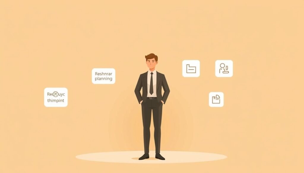 A serene, minimalist illustration of the core skills for a product manager without coding expertise. Warm, earthy tones create a thoughtful atmosphere. A central figure, dressed in professional attire, stands confidently, surrounded by floating icons representing key competencies: strategic thinking, user empathy, data analysis, roadmap planning, and effective communication. The background features a subtle geometric pattern, adding visual interest while maintaining a clean, uncluttered composition. Soft lighting casts gentle shadows, emphasizing the depth and dimensionality of the scene. The overall aesthetic conveys the expertise, poise, and multifaceted nature of the product manager's role.