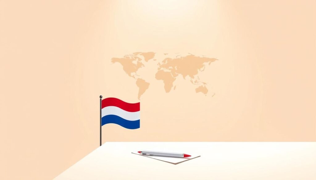 A serene, minimalist illustration showcasing the key "Eligibility Criteria for Netherlands Scholarships". In the foreground, a clean, inviting table with a pen, papers, and a subtle Netherlands flag, symbolizing the application process. The middle ground features a stylized world map, hinting at the international scope of the scholarships. The background is a soft, warm gradient, conveying a sense of opportunity and possibilities. The lighting is soft, slightly diffused, creating a welcoming and professional atmosphere. The overall composition is balanced, with a clean, modern aesthetic that complements the article's subject matter.