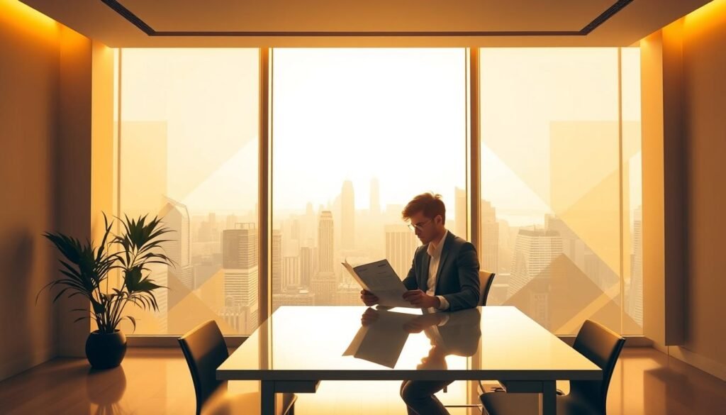 A serene, modern office setting with warm lighting and a clean, minimalist aesthetic. In the foreground, a young professional sits at a sleek desk, thoughtfully reviewing a 90-day plan for their new role. The middle ground features a large window overlooking a bustling city skyline, symbolizing the vast opportunities and challenges ahead. In the background, abstract geometric shapes and patterns create a sense of structure and direction, reinforcing the importance of strategic planning in the early stages of a career. The overall mood is one of focus, determination, and a commitment to professional growth.