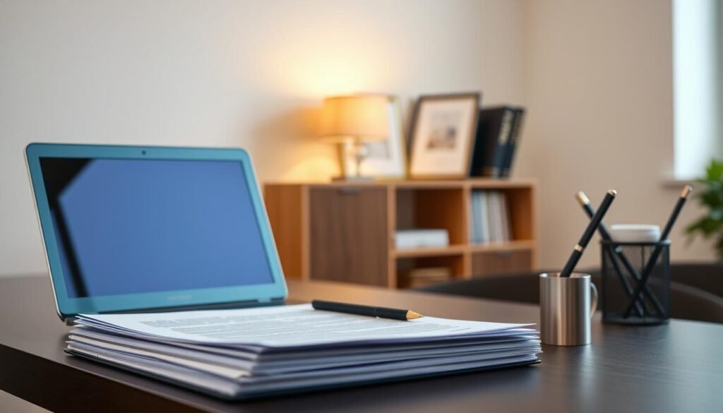 A serene office setting with a clean and organized desk, featuring a laptop, a stack of documents, and a stylish pen holder. The lighting is soft and diffused, creating a warm and professional atmosphere. In the background, a bookshelf with neatly arranged books and a framed certificate or diploma, symbolizing the educational achievements required for a work visa. The overall composition conveys the process of transitioning from study to employment, with the necessary paperwork and documentation prominently displayed.