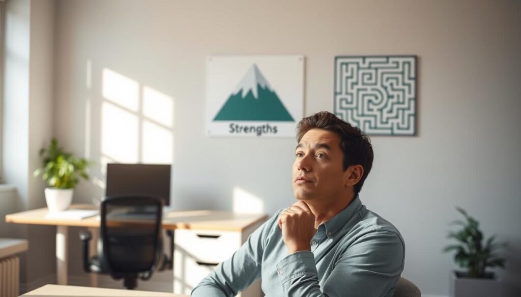 A serene office setting with a desk, chair, and potted plant. In the foreground, a person sits contemplating their strengths and weaknesses, their expression thoughtful. Behind them, a wall displays visual metaphors - a mountain peak representing strengths, and a maze or puzzle symbolizing areas for improvement. Soft, natural lighting filters in from a window, creating a warm, introspective atmosphere. The scene conveys a sense of self-reflection and personal growth, relevant to the "Addressing Strengths and Weaknesses Effectively" topic.
