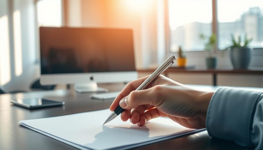 A serene office setting with a large desk, a sleek computer monitor, and a pen resting on crisp, white paper. Sunlight streams through a window, casting a warm glow across the scene. In the foreground, a hand holds a pen, poised to write a powerful, well-crafted statement of purpose. The atmosphere conveys focus, determination, and a sense of purpose, reflecting the importance of this document in shaping one's academic and professional future.