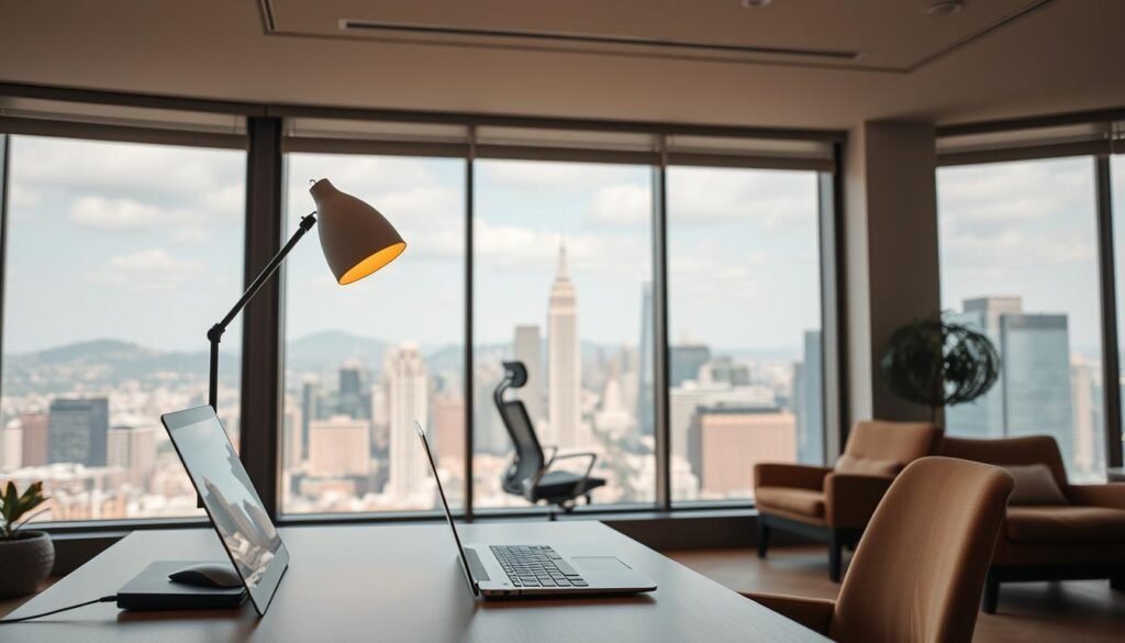 A serene office setting with a panoramic view of the bustling cityscape beyond the large windows. In the foreground, a desk with a laptop, a wireless mouse, and a stylish desk lamp, symbolizing the essence of remote work. The middle ground features an ergonomic office chair and a cozy armchair, inviting comfort and productivity. The background showcases the iconic skyline of a modern American city, hinting at the opportunities and flexibility of remote employment nationwide. Warm, diffused lighting filters through the windows, creating a sense of tranquility and focus. The overall atmosphere conveys the freedom and adaptability of remote jobs in the United States.