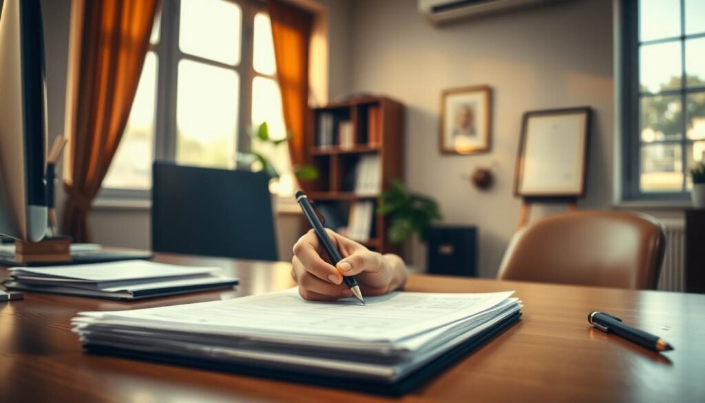 A serene office setting with a wooden desk, a computer, and a stack of documents, illuminated by warm, natural lighting filtering through large windows. In the foreground, a person's hands are carefully filling out an application form, their focused expression capturing the intensity of the moment. The background features a bookshelf, a plant, and a framed certificate, conveying a sense of professionalism and accomplishment. The overall atmosphere exudes a tranquil, contemplative mood, reflecting the gravity of the application process.