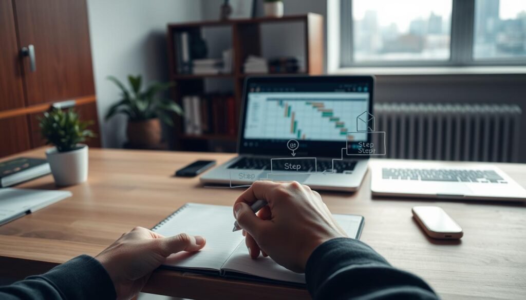 A serene office setting with a wooden desk, a potted plant, and a laptop showcasing a Gantt chart. In the foreground, a person's hands are carefully drawing out a step-by-step process on a notepad, each step represented by a simple icon. The middle ground features a bookshelf with career-related books and a framed certificate. The background is softly lit, with a window overlooking a cityscape, hinting at the potential for growth and new opportunities. The overall mood is one of contemplation and purposeful transition, capturing the essence of the "Steps to Pivot into Project Management" section.